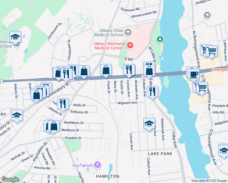 map of restaurants, bars, coffee shops, grocery stores, and more near 8 Rena Street in Worcester
