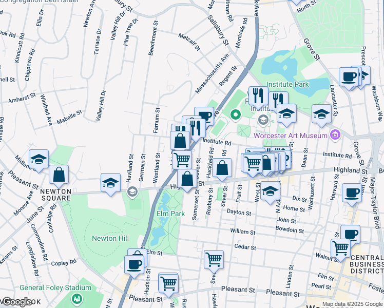 map of restaurants, bars, coffee shops, grocery stores, and more near 188 Park Avenue in Worcester
