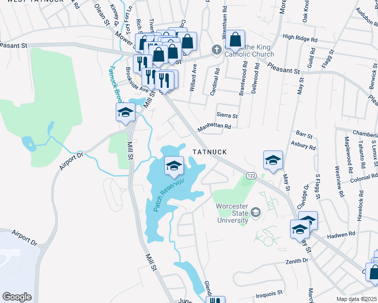 map of restaurants, bars, coffee shops, grocery stores, and more near 1 MacClarey Way in Worcester