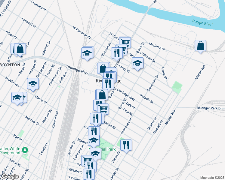 map of restaurants, bars, coffee shops, grocery stores, and more near in River Rouge