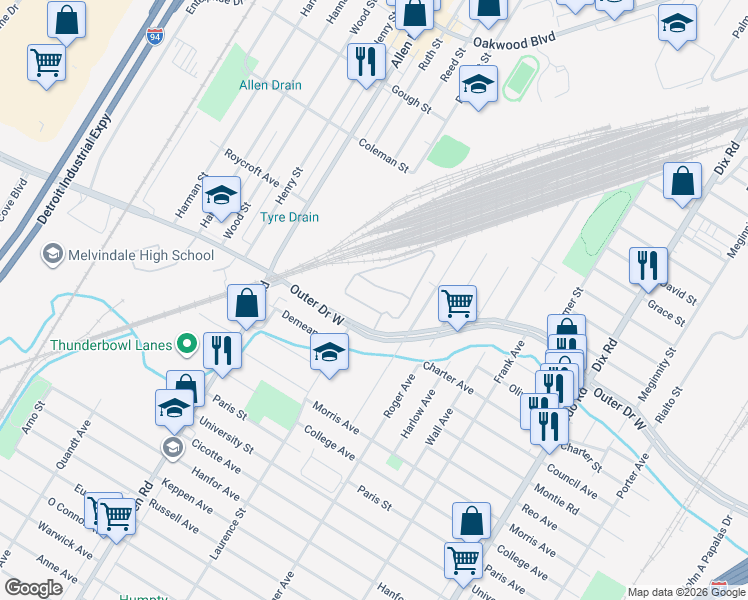 map of restaurants, bars, coffee shops, grocery stores, and more near 385 Gale Boulevard in Melvindale