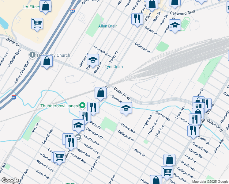 map of restaurants, bars, coffee shops, grocery stores, and more near 24335 West Outer Drive in Melvindale