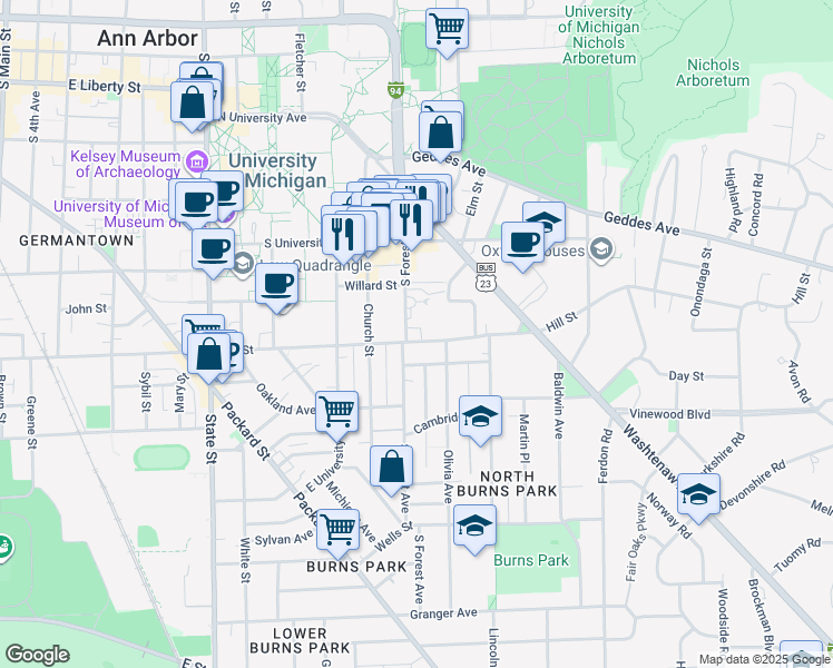 map of restaurants, bars, coffee shops, grocery stores, and more near 721 South Forest Avenue in Ann Arbor