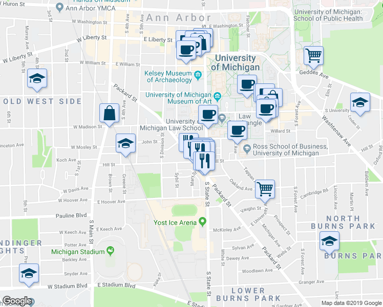map of restaurants, bars, coffee shops, grocery stores, and more near 522 Monroe Street in Ann Arbor