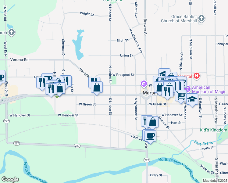 map of restaurants, bars, coffee shops, grocery stores, and more near 635 West Mansion Street in Marshall