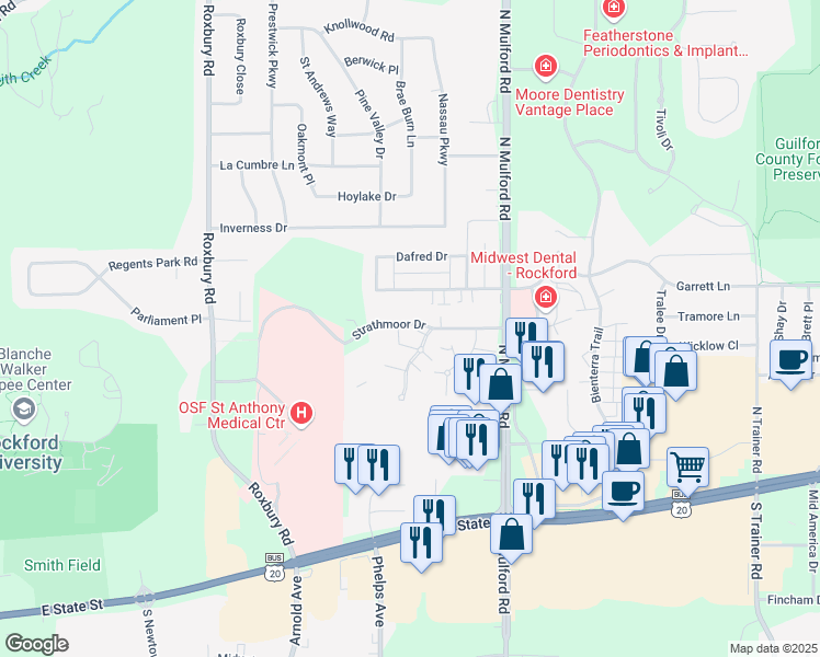 map of restaurants, bars, coffee shops, grocery stores, and more near 5807 Garrett Lane in Rockford