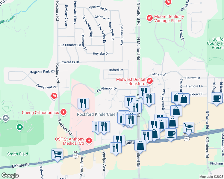 map of restaurants, bars, coffee shops, grocery stores, and more near 5807 Garrett Lane in Rockford