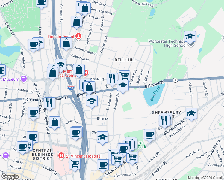 map of restaurants, bars, coffee shops, grocery stores, and more near Belmont St & Eastern Ave in Worcester