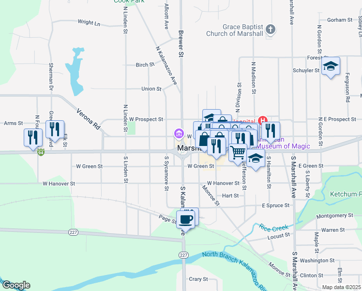 map of restaurants, bars, coffee shops, grocery stores, and more near 107 North Kalamazoo Avenue in Marshall