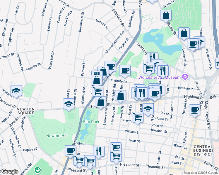 map of restaurants, bars, coffee shops, grocery stores, and more near 100 Institute Road in Worcester