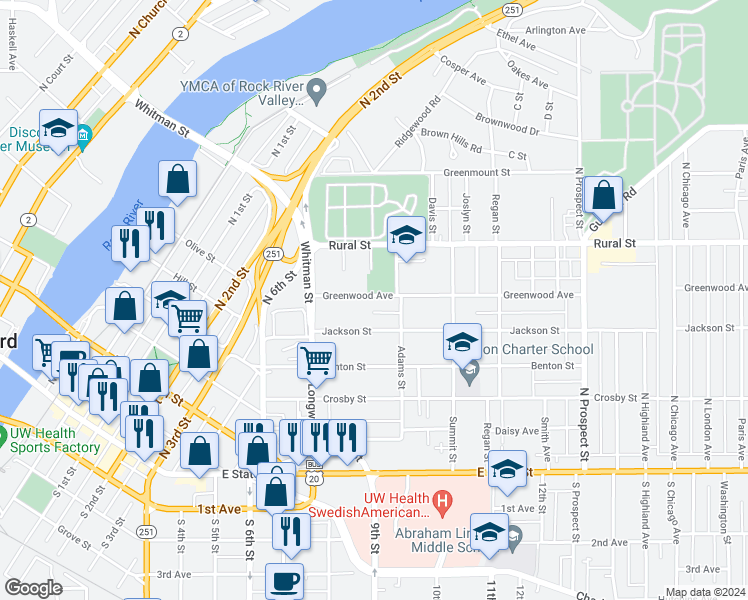 map of restaurants, bars, coffee shops, grocery stores, and more near 1223 Greenwood Avenue in Rockford