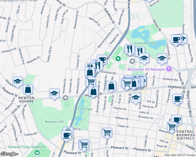 map of restaurants, bars, coffee shops, grocery stores, and more near 55 Dover Street in Worcester