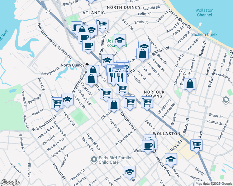 map of restaurants, bars, coffee shops, grocery stores, and more near 120 Holmes Street in Quincy