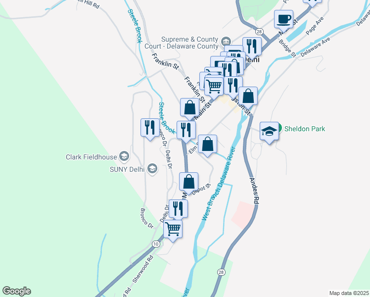 map of restaurants, bars, coffee shops, grocery stores, and more near 2 Main Street in Delhi