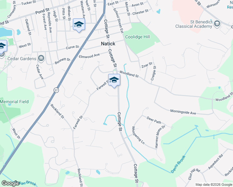 map of restaurants, bars, coffee shops, grocery stores, and more near 73 Cottage Street in Natick