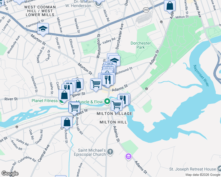 map of restaurants, bars, coffee shops, grocery stores, and more near 1213 Adams Street in Boston