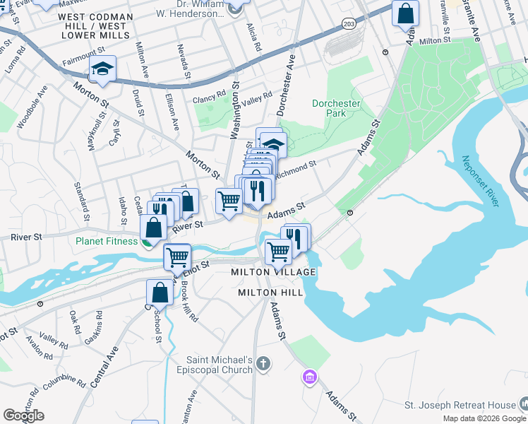 map of restaurants, bars, coffee shops, grocery stores, and more near 1213 Adams Street in Boston