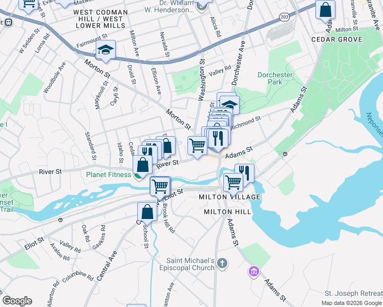 map of restaurants, bars, coffee shops, grocery stores, and more near 13 River St in Boston