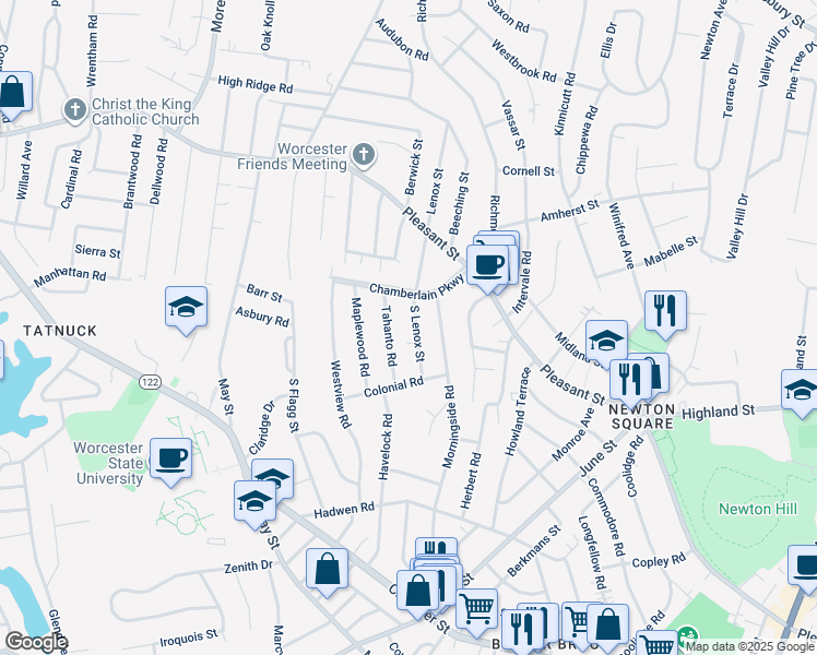 map of restaurants, bars, coffee shops, grocery stores, and more near 42 South Lenox Street in Worcester