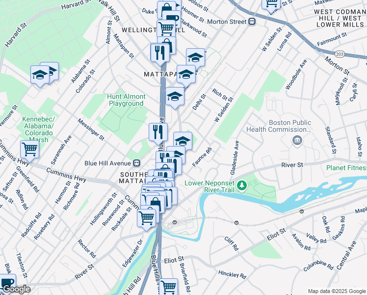 map of restaurants, bars, coffee shops, grocery stores, and more near 98 Babson Street in Boston