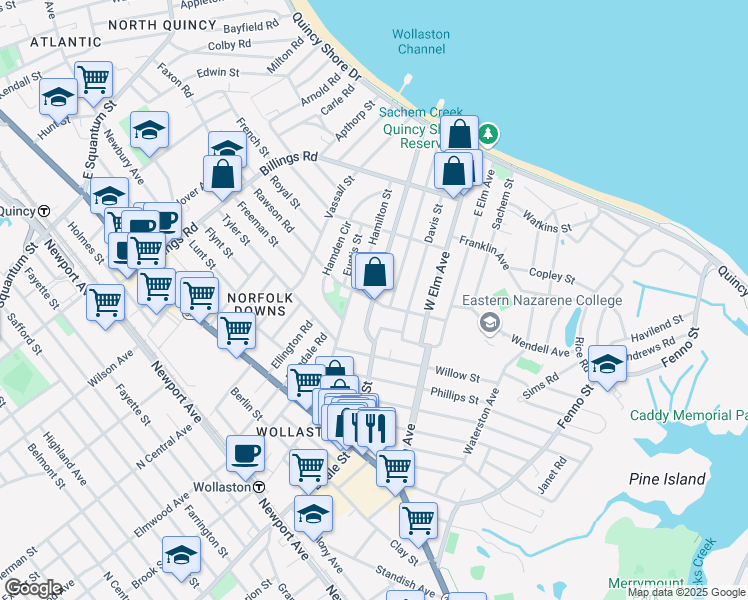 map of restaurants, bars, coffee shops, grocery stores, and more near Beach St & Rawson Rd in Quincy