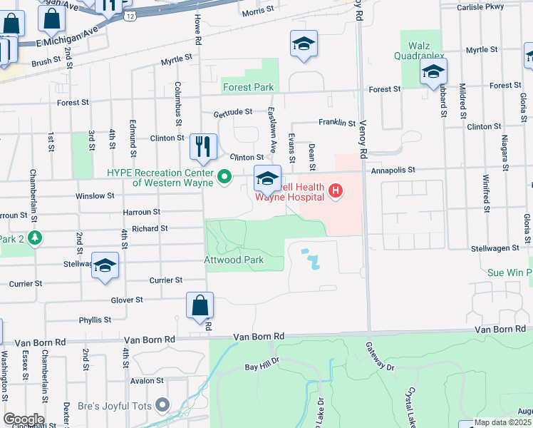 map of restaurants, bars, coffee shops, grocery stores, and more near 33555 Annapolis Street in Wayne