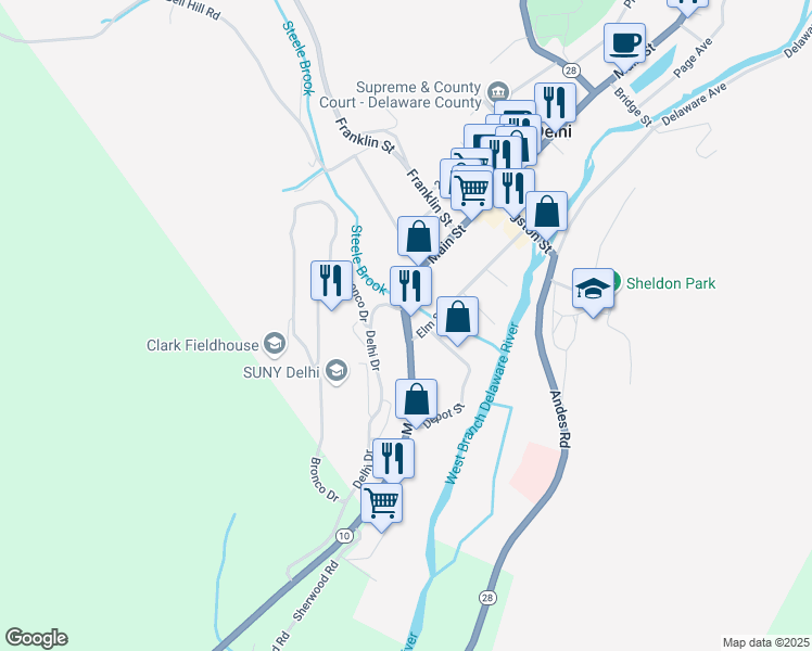 map of restaurants, bars, coffee shops, grocery stores, and more near 2 Main Street in Delhi