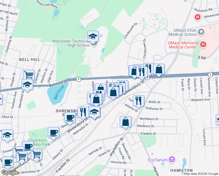 map of restaurants, bars, coffee shops, grocery stores, and more near 24 Prentice Street in Worcester