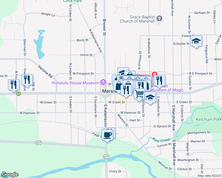 map of restaurants, bars, coffee shops, grocery stores, and more near 108 North Park Avenue in Marshall