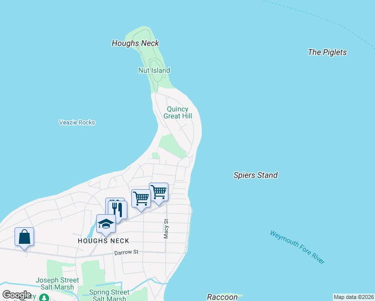 map of restaurants, bars, coffee shops, grocery stores, and more near 23 Sea Avenue in Quincy