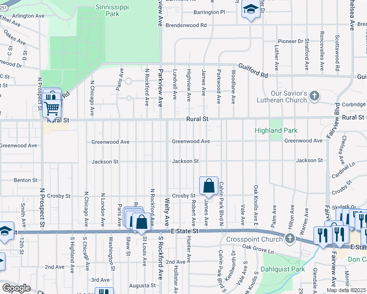 map of restaurants, bars, coffee shops, grocery stores, and more near 606 Robert Avenue in Rockford