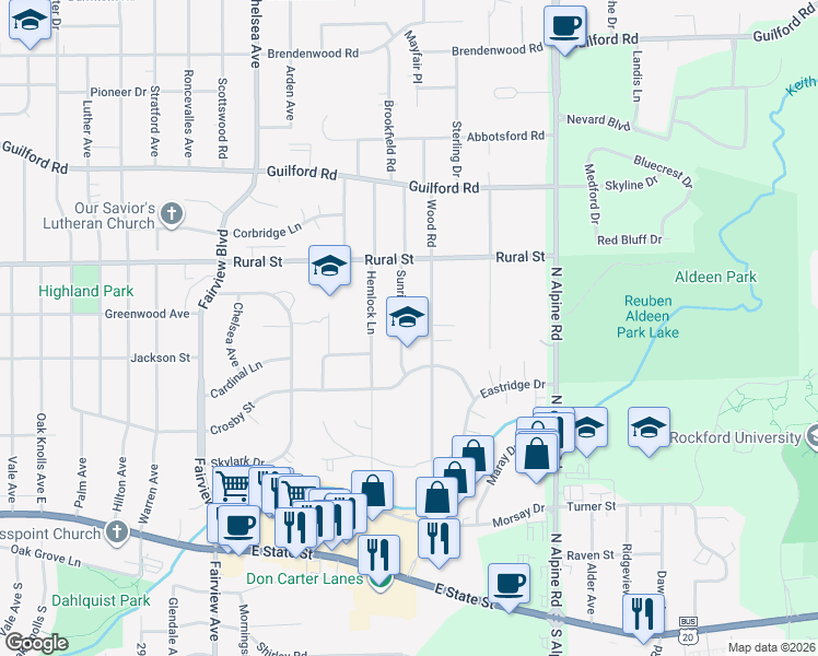 map of restaurants, bars, coffee shops, grocery stores, and more near 516 Sunrise Lane in Rockford