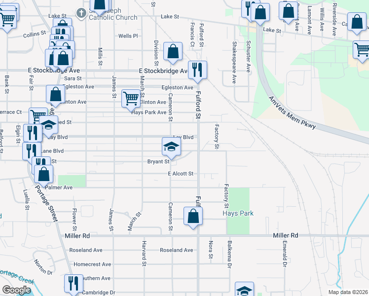 map of restaurants, bars, coffee shops, grocery stores, and more near 1714 Lay Boulevard in Kalamazoo
