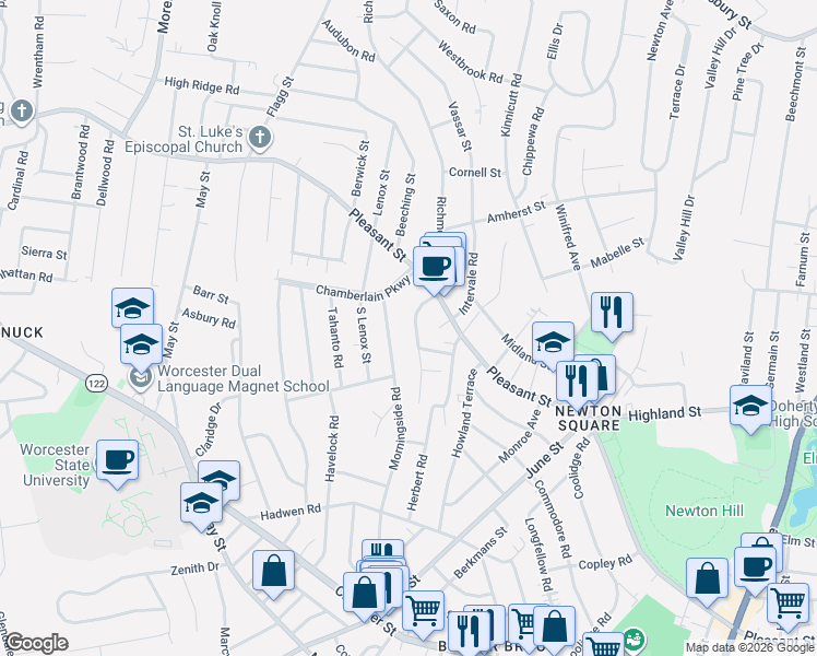 map of restaurants, bars, coffee shops, grocery stores, and more near 14 Saint Elmo Road in Worcester