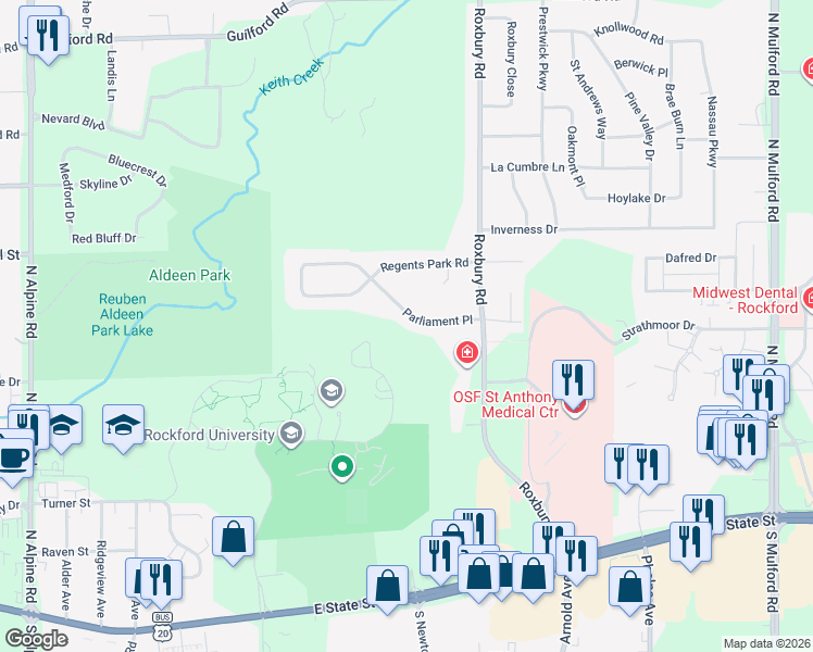 map of restaurants, bars, coffee shops, grocery stores, and more near 5229 Parliament Place in Rockford
