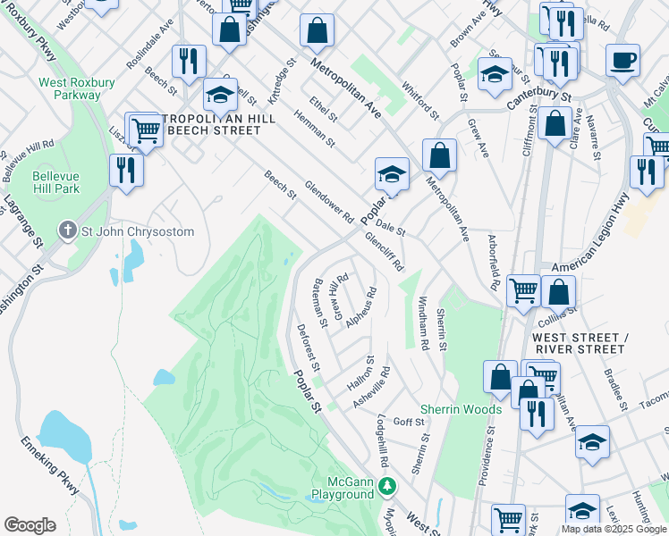 map of restaurants, bars, coffee shops, grocery stores, and more near 526 Poplar Street in Boston