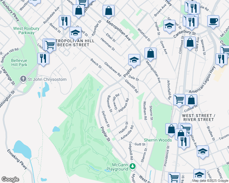 map of restaurants, bars, coffee shops, grocery stores, and more near 14 Bateman Street in Boston