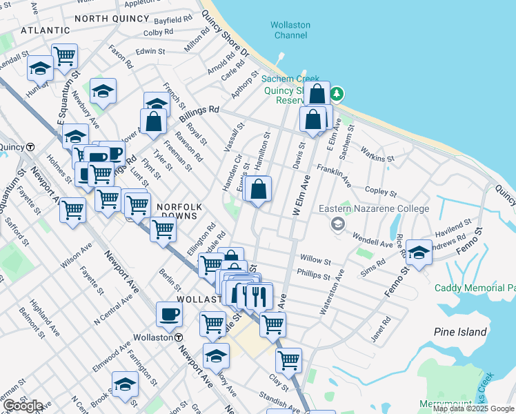map of restaurants, bars, coffee shops, grocery stores, and more near 8 Hamilton Street in Quincy