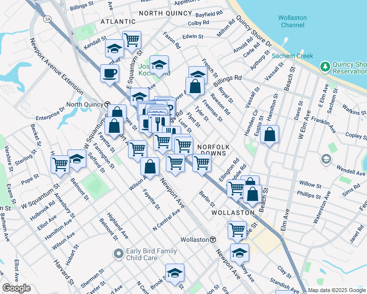 map of restaurants, bars, coffee shops, grocery stores, and more near 7-27 Vane Street in Quincy