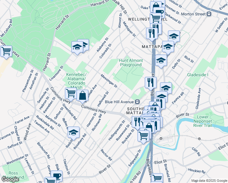 map of restaurants, bars, coffee shops, grocery stores, and more near 25 Messinger Street in Boston