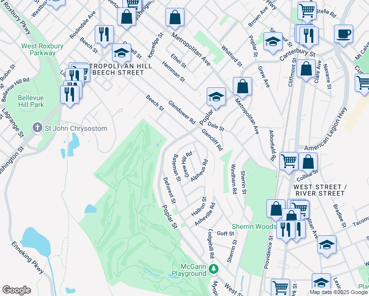 map of restaurants, bars, coffee shops, grocery stores, and more near 526 Poplar Street in Boston
