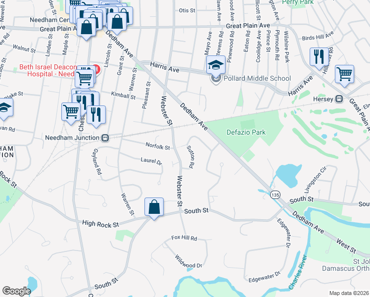 map of restaurants, bars, coffee shops, grocery stores, and more near 68 Sutton Road in Needham