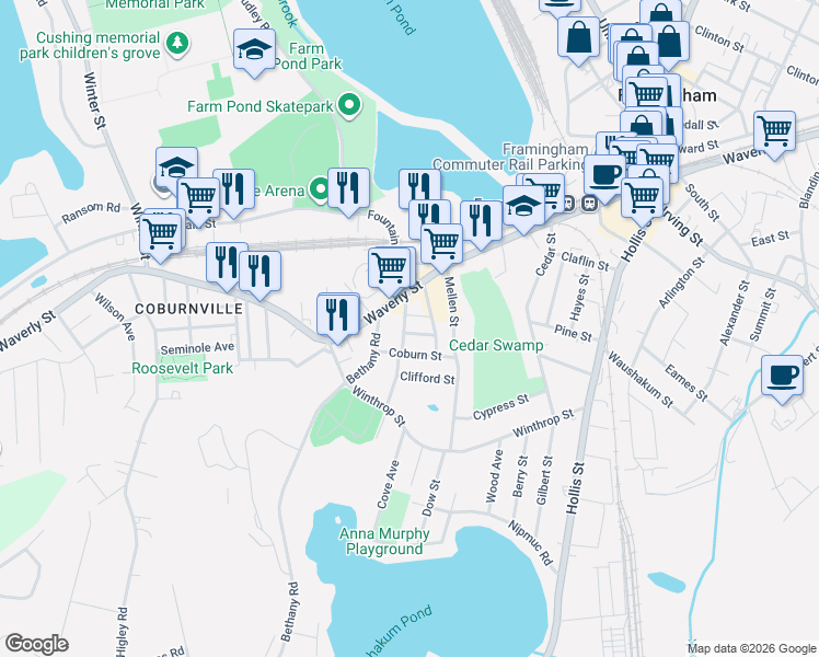 map of restaurants, bars, coffee shops, grocery stores, and more near 686 Waverly Street in Framingham