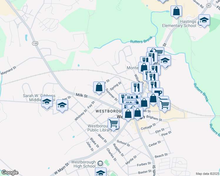 map of restaurants, bars, coffee shops, grocery stores, and more near 9 Spring Street in Westborough