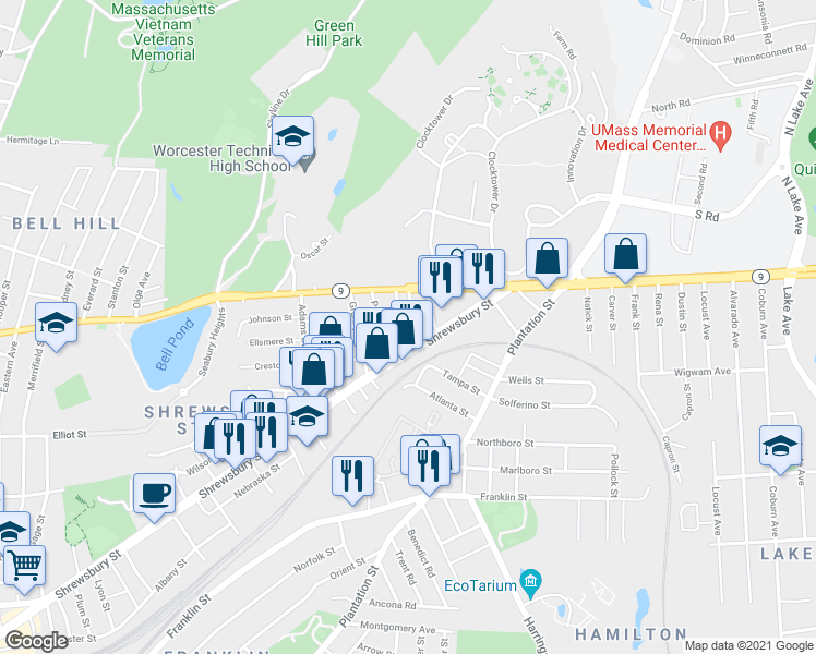 map of restaurants, bars, coffee shops, grocery stores, and more near 9 Daniels Street in Worcester