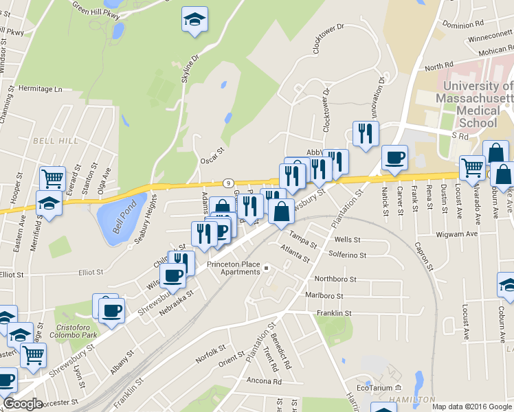 map of restaurants, bars, coffee shops, grocery stores, and more near 24 Prentice Street in Worcester