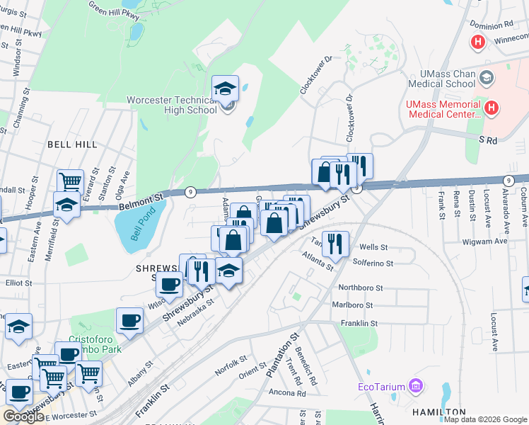 map of restaurants, bars, coffee shops, grocery stores, and more near 17 Caprera Road in Worcester