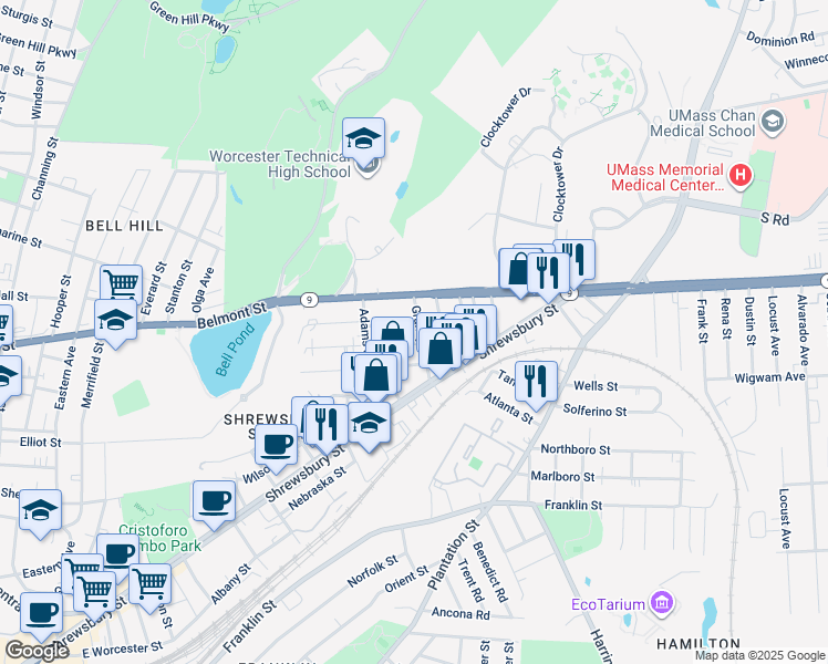 map of restaurants, bars, coffee shops, grocery stores, and more near 17 Caprera Road in Worcester