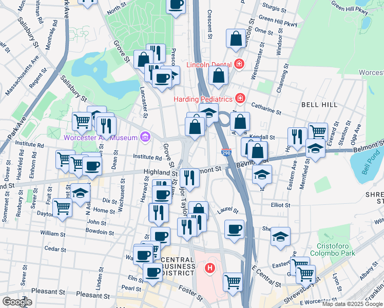 map of restaurants, bars, coffee shops, grocery stores, and more near 43 Lincoln Street in Worcester