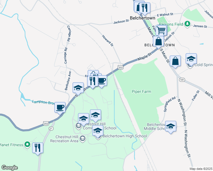 map of restaurants, bars, coffee shops, grocery stores, and more near 3 Stadler Street in Belchertown